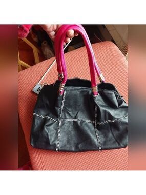 Jingpin Black Bag with Rhinestones & Hot Pink Straps